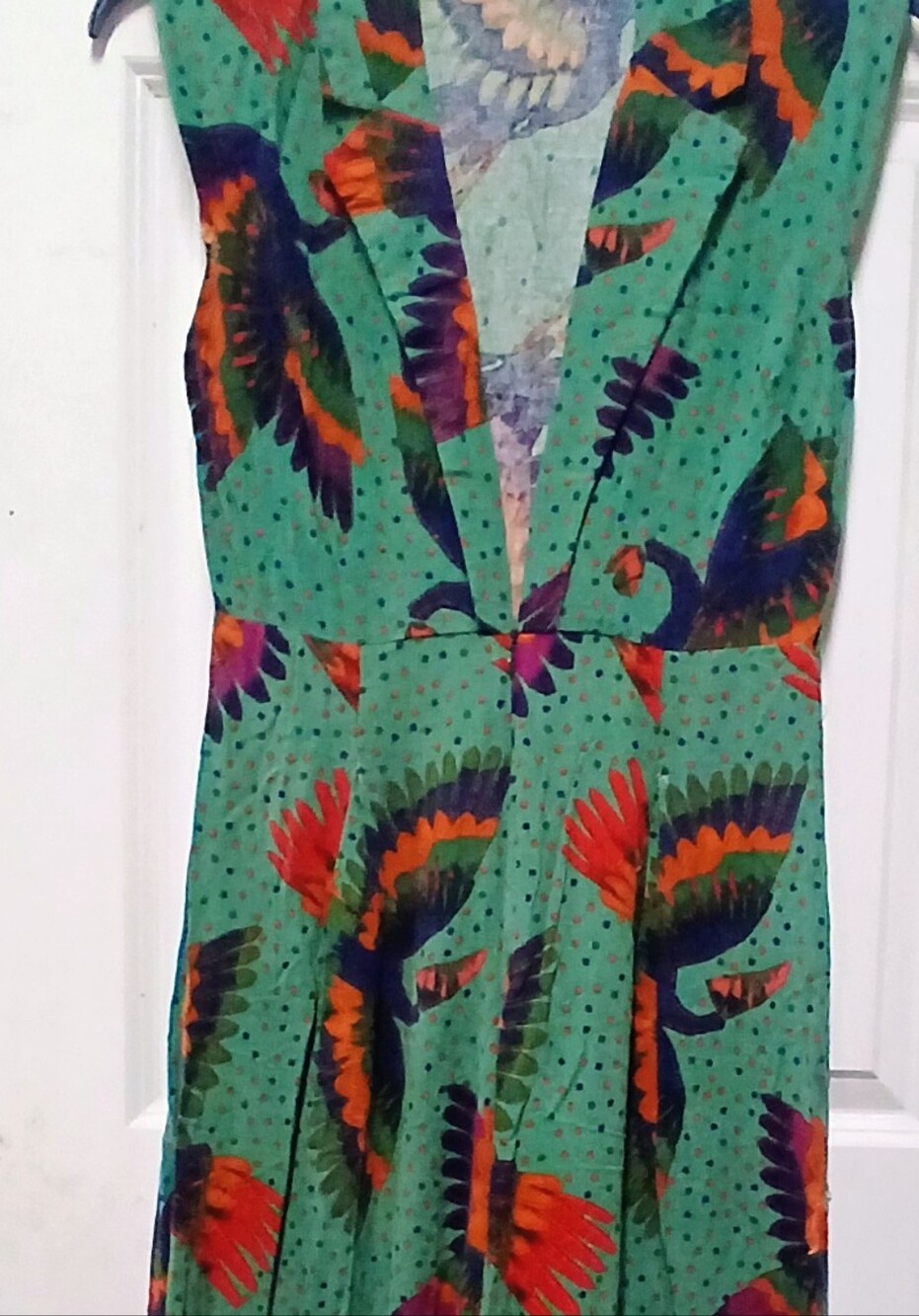 Green Printed V-Neck Jumpsuit with Multicolor Feather Motif